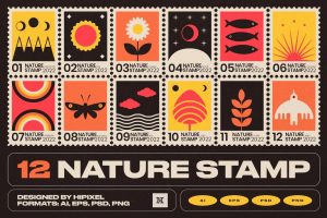 12款复古自然植物插画邮票卡片矢量AI设计套装 D84